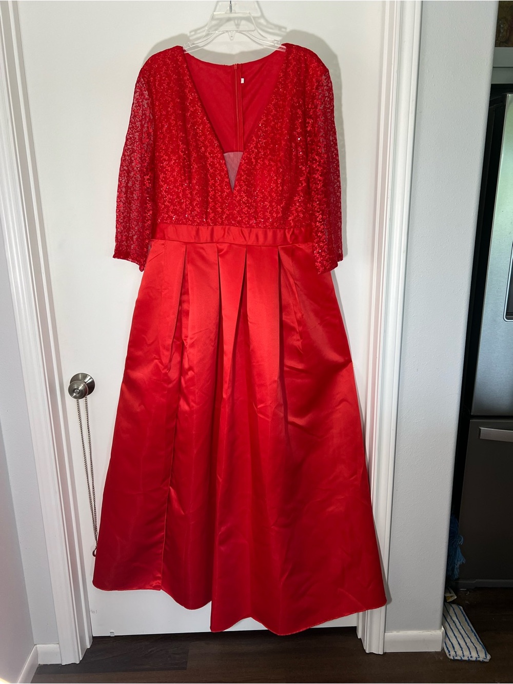Red V-Neck Sequin Bodice Satin Midi Dress
